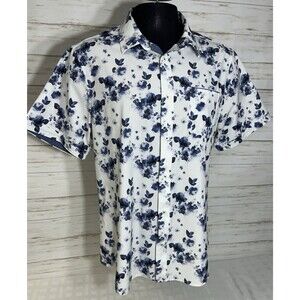 7 Diamonds 4 Way Stretch Button-Up Shirt Men's XL Blue White Floral Short Sleeve